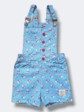 Olive Mae Girls Shortalls Size 7-8 Blue Polka Dot Floral Cotton Overall Shorts